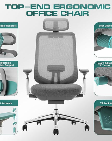 Ergonomic Mesh Office Chair, High Back Computer Executive Desk Chair with Adjustable Headrest and 4D Arms, Slide Seat, Tilt Lock-Dark Grey - LeafyLoom