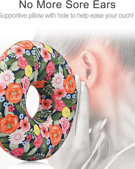 Piercing Pillow Ear Pillows Donut with Hole for Ear Pain CNH Piercing Pain Relief Sleeping Pressure Sore Side Sleepers Ear Guard Protector, Cute Flower - LeafyLoom