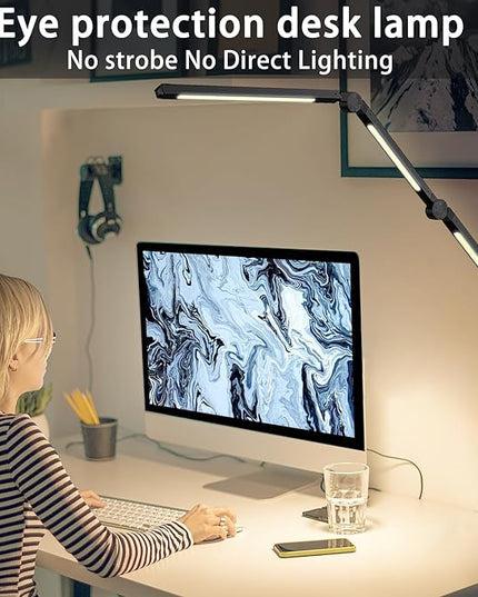 LED Desk Lamp with Clamp Flexible 4 sections Swing Arm Three light sources desk light, 4 Color Modes & 5 Brightness, Eye Caring Led table light with Memory Function for table lamps for office - LeafyLoom