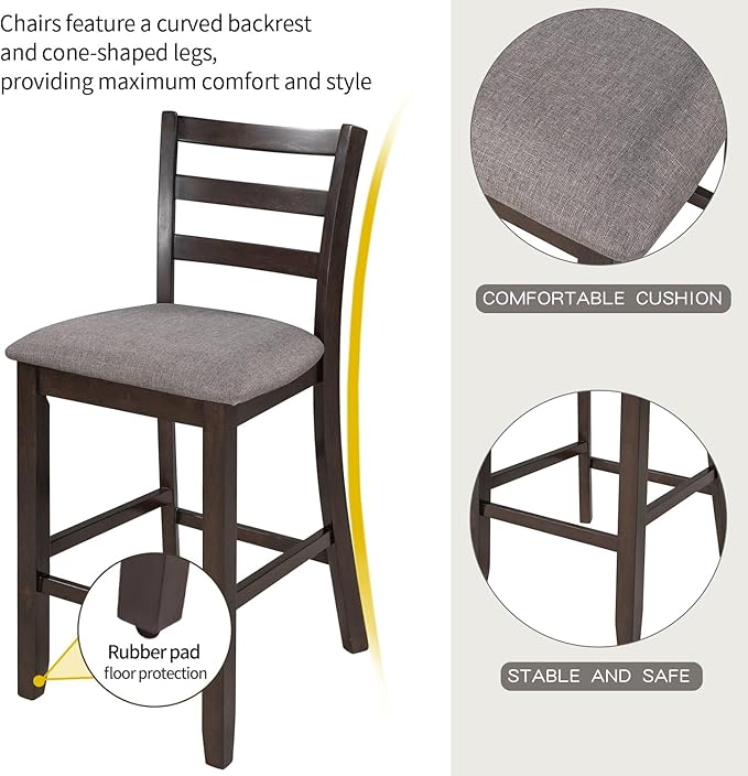 5-Piece Counter Height Dining Set, includes 1 Solid Wood Table with Storage Shelving and 4 Padded Chairs, for Kitchen, Diningroom, Living Room, Easy to Assemble, Espresso - LeafyLoom