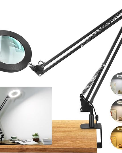 Large 10X Magnifying Glass with Light, 5 in Real Glass Stand Lighted Magnifier, 3 Color Modes Steepless Dimmable LED Magnifying Desk Lamp with Clamp, Hands Free for Close Work Crafts Hobby - LeafyLoom