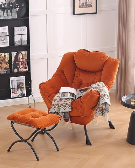 LITA Lazy Chair with Ottoman, Modern Lounge Accent Chair with Armrests and a Side Pocket, Leisure Upholstered Sofa Chair Set, Reading Chair with Footrest for Small Space, Corner Chair,Orange - LeafyLoom