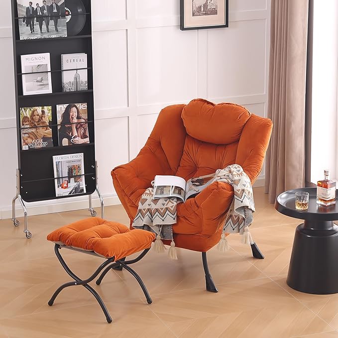 LITA Lazy Chair with Ottoman, Modern Lounge Accent Chair with Armrests and a Side Pocket, Leisure Upholstered Sofa Chair Set, Reading Chair with Footrest for Small Space, Corner Chair,Orange - LeafyLoom