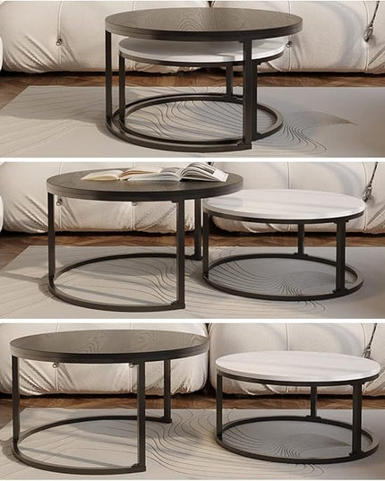 Usinso Round Coffee Tables,2 Round Nesting Table Set Circle Coffee Table with Storage Open Shelf for Living Room Modern Minimalist Style Furniture Side End Table of Stable(Black & White) - LeafyLoom