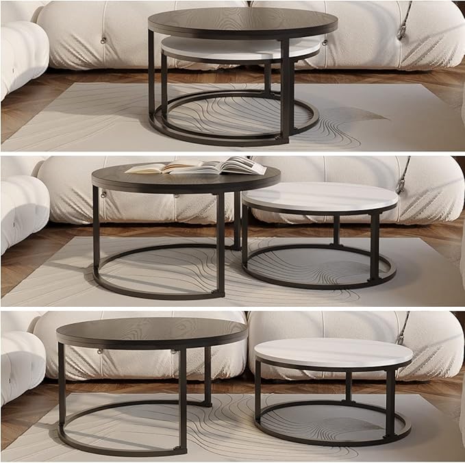 Usinso Round Coffee Tables,2 Round Nesting Table Set Circle Coffee Table with Storage Open Shelf for Living Room Modern Minimalist Style Furniture Side End Table of Stable(Black & White) - LeafyLoom