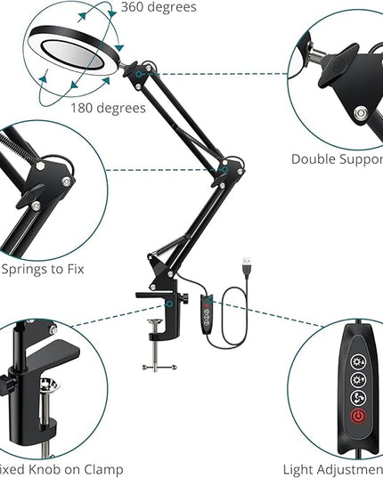 8X Lighted Magnifying Glass Lamp, Adjustable Magnifying Glass with Light Clamp Swivel Arm LED 3 Color Modes,10 Brightness Levels, Hands Free Magnifier for Hobby Close Work, Repair, Reading - LeafyLoom