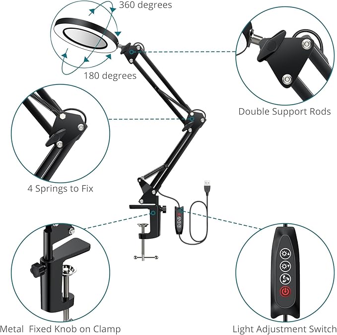 8X Lighted Magnifying Glass Lamp, Adjustable Magnifying Glass with Light Clamp Swivel Arm LED 3 Color Modes,10 Brightness Levels, Hands Free Magnifier for Hobby Close Work, Repair, Reading - LeafyLoom