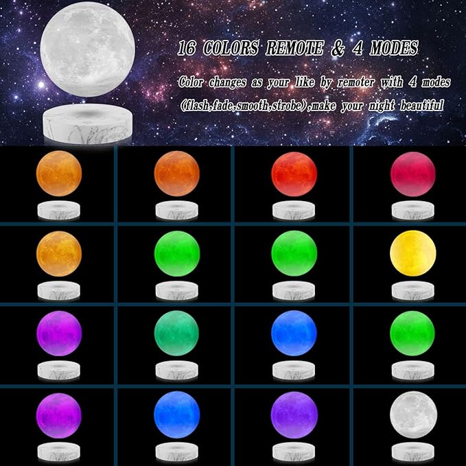 VGAzer Levitating Moon Lamp,Floating and Spinning in Air Freely with 3D Printing LED Moon Light Has 16 Colors 20 Modes for Unique Christmas Gifts,Room Decor (Marble Base 16 Colors) - LeafyLoom
