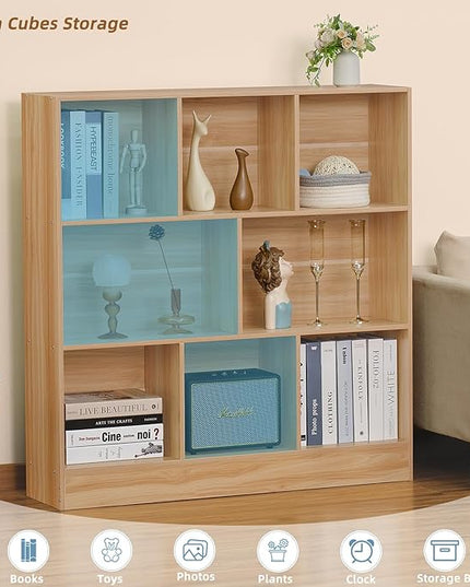 LEYAOYAO 8 Cube Bookshelf with Base,3 Tier Mid-Century Modern Natural Bookcase,Standing Wide Bookshelves Storage Organizer Shelf,Rustic Wood Display Cabinet Book Shelves for Bedroom,Living Room,Office - LeafyLoom