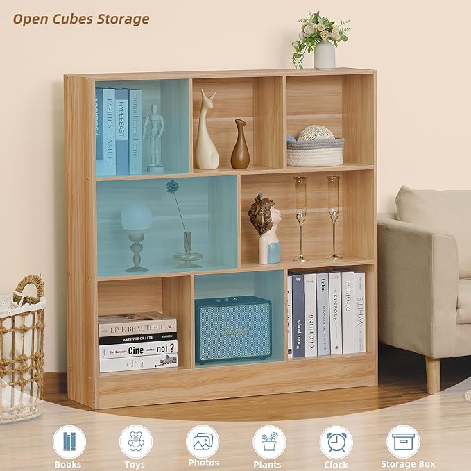 LEYAOYAO 8 Cube Bookshelf with Base,3 Tier Mid-Century Modern Natural Bookcase,Standing Wide Bookshelves Storage Organizer Shelf,Rustic Wood Display Cabinet Book Shelves for Bedroom,Living Room,Office - LeafyLoom