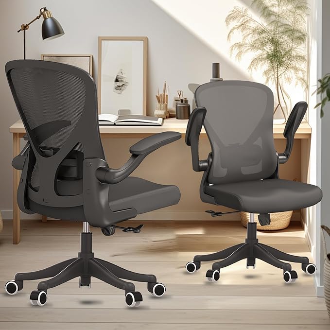 Ergonomic Office Chair Home Desk Office Chair with Flip-Armrest & Cushion for Lumbar Support, high Back Computer Chair with Thickened Cushion Desk Chairs Ngray - LeafyLoom