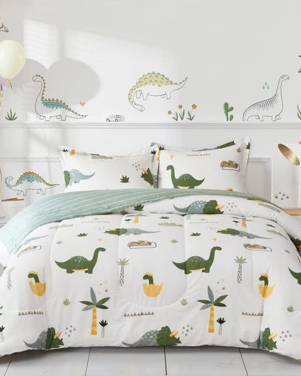 Joyreap Dinosaur Kids Cotton Comforter Set for Boys Girls, Full/Queen Size 3pcs Cotton Bedding Comforter, Fresh Green Dinosaurs on White Design, Skin-friendly Breathable for All Season- 88x88 inches - LeafyLoom