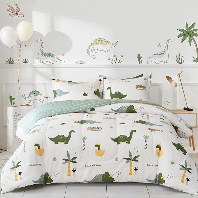 Joyreap Dinosaur Kids Cotton Comforter Set for Boys Girls, Twin Size 3pcs Cotton Bedding Comforter, Fresh Green Dinosaurs on White Design, Skin-friendly Breathable for All Season- 68x88 inches - LeafyLoom