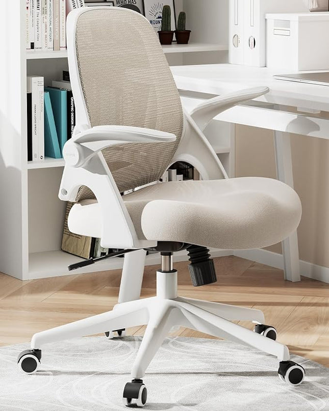 Hbada Office Chair, Desk Chair with Flip-Up Armrests and Saddle Cushion, Ergonomic Office Chair with S-Shaped Backrest, Swivel, Mesh, for Home and Office, Beige - LeafyLoom