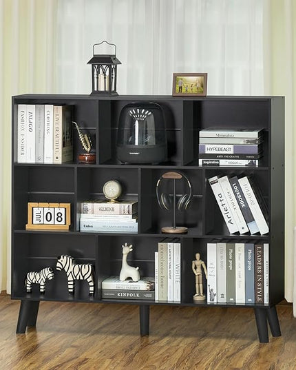 YAHARBO 10 Cube Bookshelf,3 Tier Bookcase with Legs,Black Mid-Century Modern Bookshelves,Large Free Standing Open Storage Organizer Shelf,Tall Wooden Book Case Furniture for Bedroom,Living Room,Office - LeafyLoom