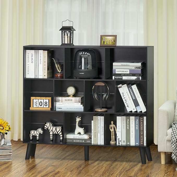 YAHARBO 10 Cube Bookshelf,3 Tier Bookcase with Legs,Black Mid-Century Modern Bookshelves,Large Free Standing Open Storage Organizer Shelf,Tall Wooden Book Case Furniture for Bedroom,Living Room,Office - LeafyLoom