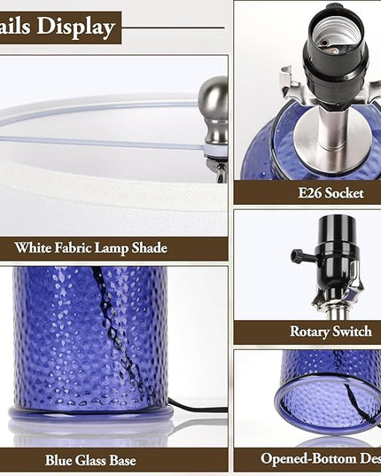 TOBUSA Blue Glass Table Lamps for Bedroom Set of 2, Modern Bedside Glass Lamps with White Linen Lampshades, Nightstand Blue Table Lamps for Living Room End Table Desk, Easy Rotary Switch, No E26 Bulbs - LeafyLoom
