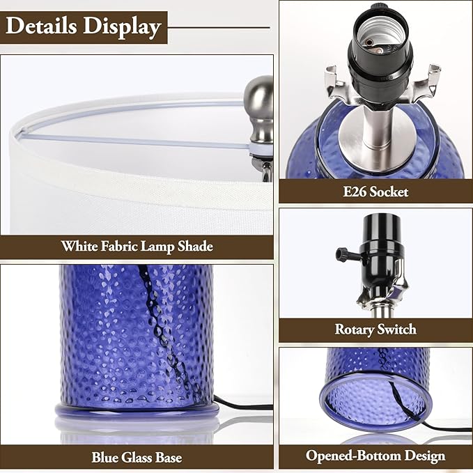 TOBUSA Blue Glass Table Lamps for Bedroom Set of 2, Modern Bedside Glass Lamps with White Linen Lampshades, Nightstand Blue Table Lamps for Living Room End Table Desk, Easy Rotary Switch, No E26 Bulbs - LeafyLoom
