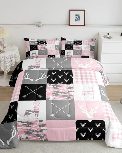 Pink Camo Antlers Kids Comforter Set Full Size,Geometric Checkered Boho Arrows Patchwork Bedding Set,Wild Animals Hunting Rustic Farmhouse Down Comforter,Boys Girls Xmas Bedroom Decor,2 Pillowcases - LeafyLoom
