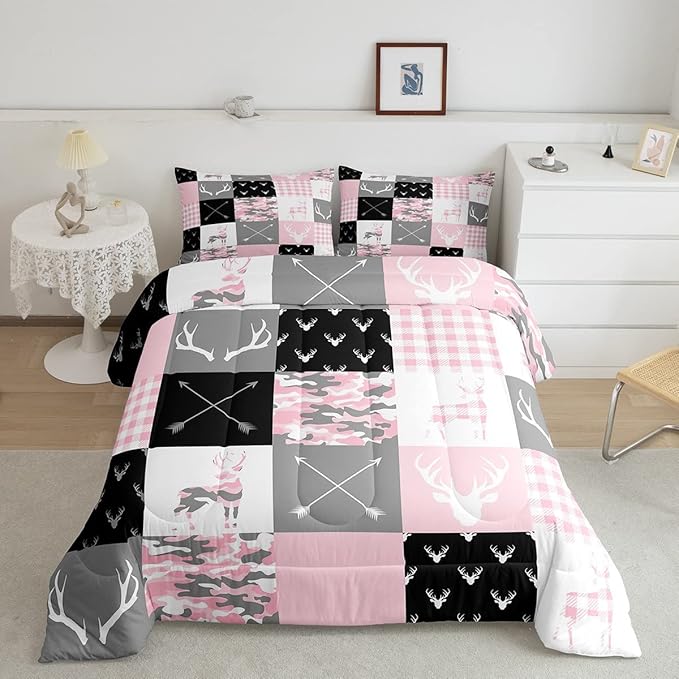 Pink Camo Antlers Kids Comforter Set Full Size,Geometric Checkered Boho Arrows Patchwork Bedding Set,Wild Animals Hunting Rustic Farmhouse Down Comforter,Boys Girls Xmas Bedroom Decor,2 Pillowcases - LeafyLoom