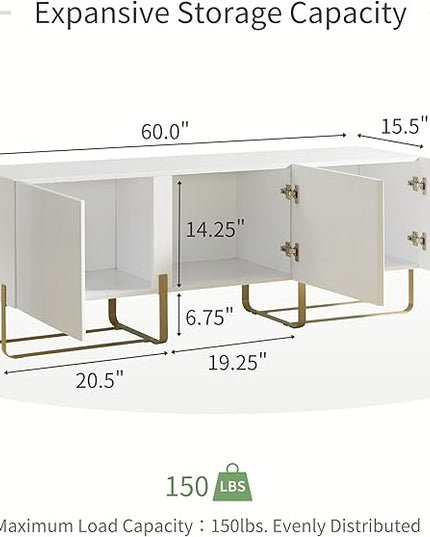 24/7 Shop at Home Mignon Contemporary Modern Style 60" TV Stand with 3 Storage Cabinets, Fits 65 Inches, Entertainment Center Console for Family, Living Room & Bedroom, Metal Legs, White - LeafyLoom