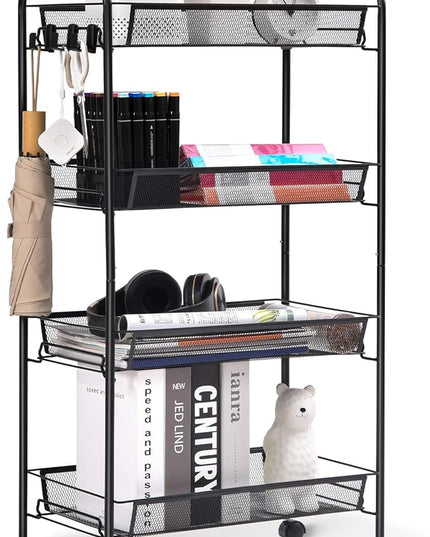 TOOLF 4-Tier Rolling Cart, Metal Utility Cart with 3 Hooks, Easy Assemble Mobile Storage Trolley On Wheels, Metal Shelving Units Kitchen Bathroom Laundry Room - LeafyLoom
