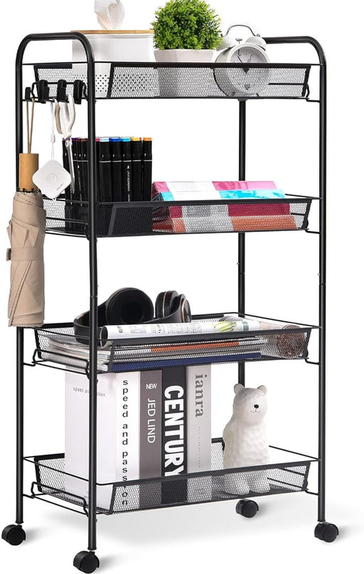 TOOLF 4-Tier Rolling Cart, Metal Utility Cart with 3 Hooks, Easy Assemble Mobile Storage Trolley On Wheels, Metal Shelving Units Kitchen Bathroom Laundry Room - LeafyLoom
