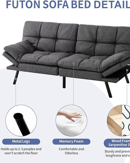 MUUEGM Futon Couch Bed, Convertible Memory Foam Sofa Bed, Modern Love Seat Daybed Sofa for Living Room,Small Space,Office,71",Adjustable Backrests Armrests Couch Bed Sleeper,Linen Grey - LeafyLoom