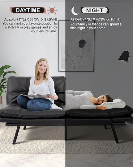 MUUEGM Futon Sofa Bed Convertible Memory Foam Sleeper Couch,Modern Faux Leather Loveseat for Living Room,Small Compact Space,Dorm,Office,Adjustable Armrests Backrest Sofabed, Matte Black - LeafyLoom