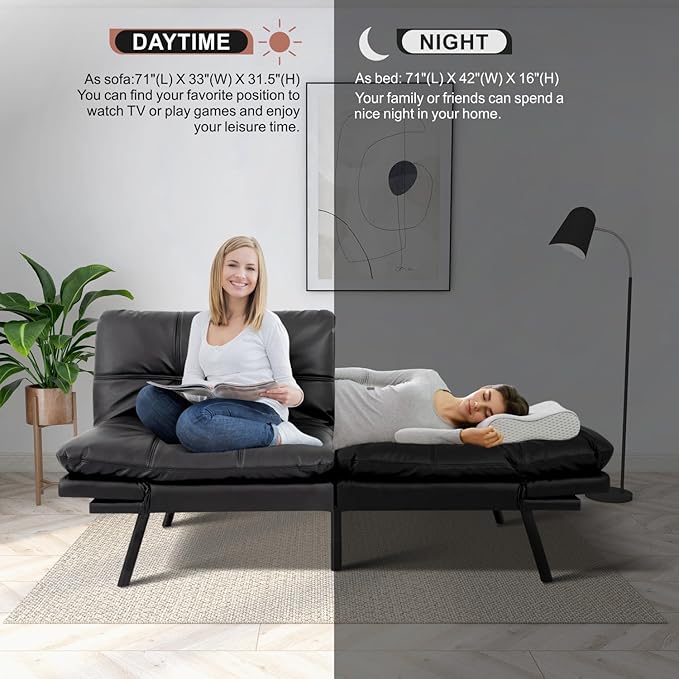 MUUEGM Futon Sofa Bed Convertible Memory Foam Sleeper Couch,Modern Faux Leather Loveseat for Living Room,Small Compact Space,Dorm,Office,Adjustable Armrests Backrest Sofabed, Matte Black - LeafyLoom
