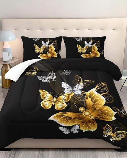 Butterfly Comforter Set for Adults Black and Gold Butterfly Bedding Set Aesthetics Butterflies Quilt Duvet Set Twin Size with 1 Comforter and 2 Pillowcases - LeafyLoom