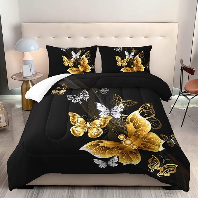 Butterfly Comforter Set for Adults Black and Gold Butterfly Bedding Set Aesthetics Butterflies Quilt Duvet Set Twin Size with 1 Comforter and 2 Pillowcases - LeafyLoom