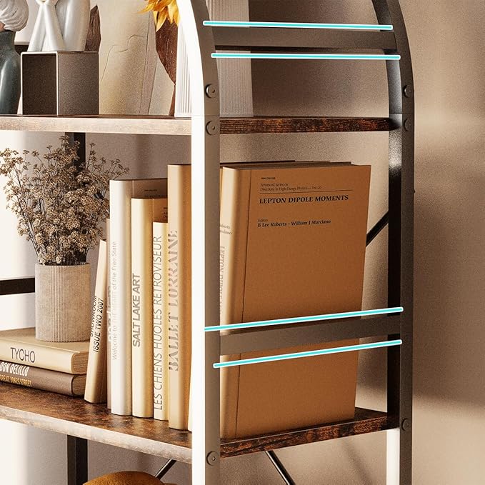 5-Tier Bookshelf, 24 Inch Width Industrial Arched Bookcase, Vintage Storage Rack with Open Shelves, Free Standing Shelf for Home Office, Living Room,Bedroom, Rustic Brown - LeafyLoom