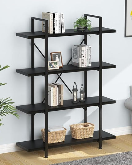 HSH 4 Tier Black Bookshelf, Industrial Metal Wood Storage Book Shelves, Modern Open 4 Shelf Bookcase and Display Etagere, Vertical Book Shelf for Bedroom Living Room Office - LeafyLoom