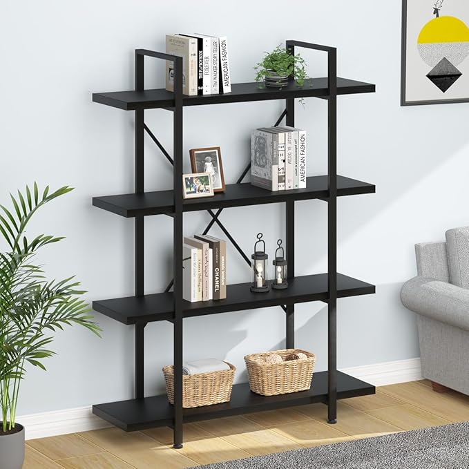 HSH 4 Tier Black Bookshelf, Industrial Metal Wood Storage Book Shelves, Modern Open 4 Shelf Bookcase and Display Etagere, Vertical Book Shelf for Bedroom Living Room Office - LeafyLoom