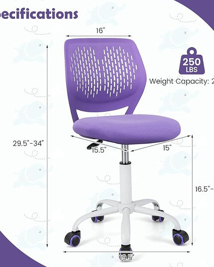 Kids Desk Chair, Purple Ergonomic Kids Office Chair Ages8-12 w/Lumbar Support, Low-Back Teen Desk Chair for Girls Boys, Small Cute Kids Computer Chair for Bedroom/Study/Vanity Desk - LeafyLoom