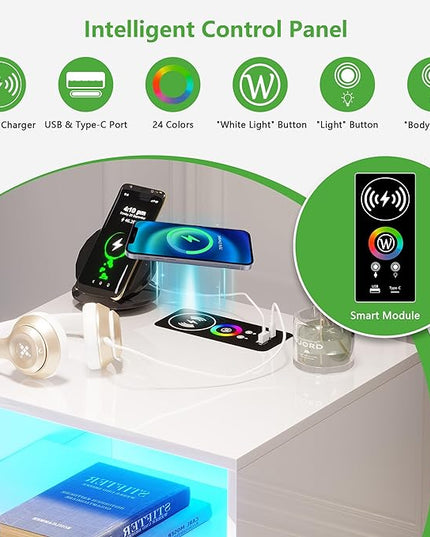 HNEBC RGB LED Nightstand with Wireless Charging Station, Smart Night Stand with 3 Drawers and Sliding Tray, Modern Bedside Table for Bedroom Furniture, High Gloss End Sofa Tables (B White) - LeafyLoom