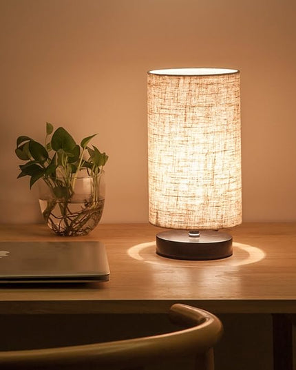 Table Lamp, Bedside Nightstand Lamp, Simple Desk Lamp, Fabric Wooden Table Lamp for Bedroom Living Room Office Study, Cylinder Black Base - LeafyLoom