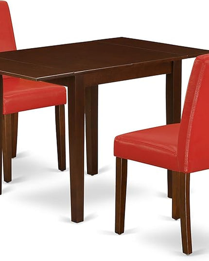 East West Furniture 1NDAB3-MAH-72 3 Piece Set Contains a Rectangle Dining Room Table with Dropleaf and 2 FireBrick Red Faux Leather Upholstered Chairs, 30x48 Inch - LeafyLoom