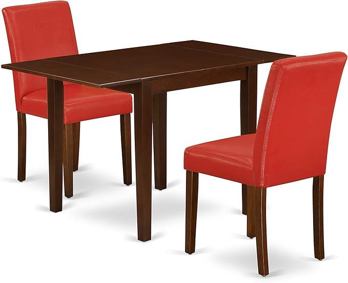 East West Furniture 1NDAB3-MAH-72 3 Piece Set Contains a Rectangle Dining Room Table with Dropleaf and 2 FireBrick Red Faux Leather Upholstered Chairs, 30x48 Inch - LeafyLoom