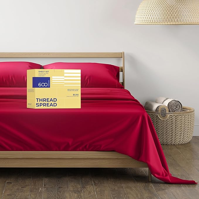 THREAD SPREAD 100% Egyptian Cotton Sheets Full Size - 600 Thread Count Sheets 4 PC 16" Deep Pocket Full Size Sheets Set, High Thread Count Soft Cooling Sateen Weave Hotel Luxury Sheets Set - Red - LeafyLoom