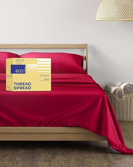 THREAD SPREAD 600 Thread Count Sheets Queen - 100% Egyptian Cotton Sheets Queen Size, 4 PC Luxury Sheets Queen Size, Ultra Soft Queen Sheets & Pillowcases Set, 16" Deep Pocket Cooling Sheet - Red - LeafyLoom