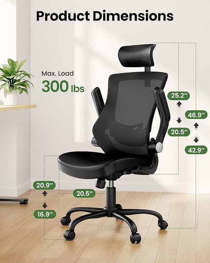 Marsail Office Chair Ergonomic Desk-Chair: Mesh Back Computer Chair with PU Leather Seat,Adjustable Lumbar Support&Flip-up Armrests, Adjustable Height Home Office Desk Chairs - LeafyLoom