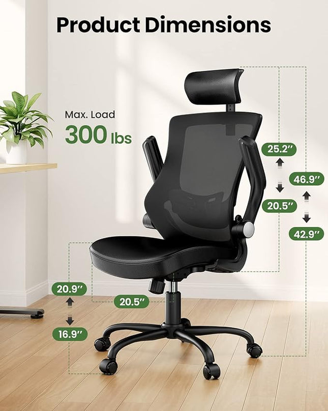 Marsail Office Chair Ergonomic Desk-Chair: Mesh Back Computer Chair with PU Leather Seat,Adjustable Lumbar Support&Flip-up Armrests, Adjustable Height Home Office Desk Chairs - LeafyLoom
