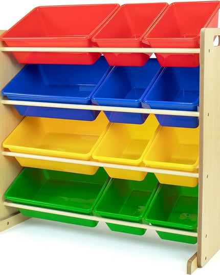 Humble Crew, Natural/Primary Kids' Toy Storage Organizer with 12 Plastic Bins, 34*35*15.5inch - LeafyLoom