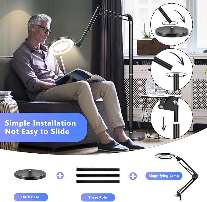 3-in-1 Large Floor Magnifying Glass with Light and Stand,10X Magnifying Glass for Reading,Adjustable 72 LED Light Stepless Dimmable,Floor Magnifier Lamp for Close Work,Sewing, Crafts - LeafyLoom