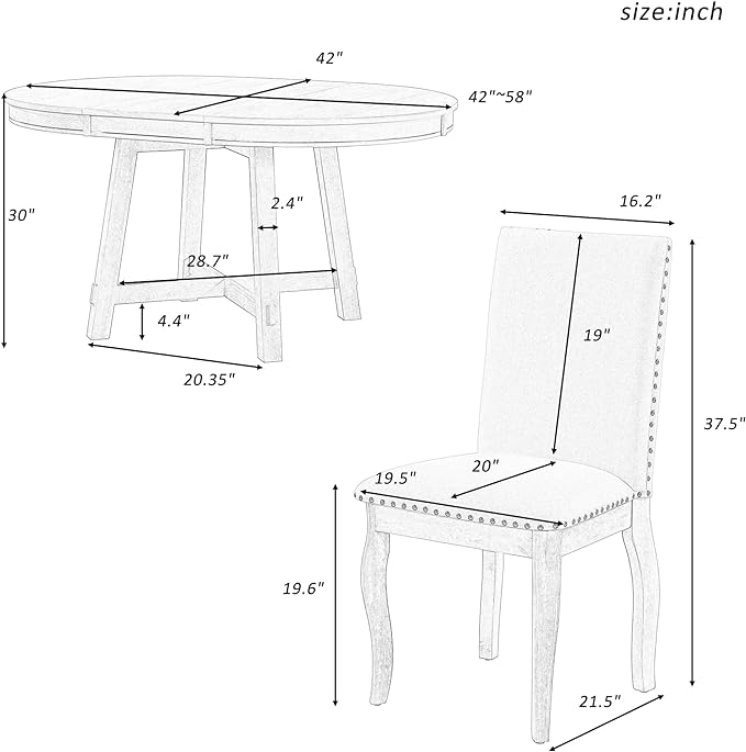 NicBex Round Dining Table Dining Room Set 5-Piece Farmhouse Dining Table Set Wood Round Extendable Dining Table and 4 Upholstered Dining Chairs for Set, Natural Wood Wash - LeafyLoom