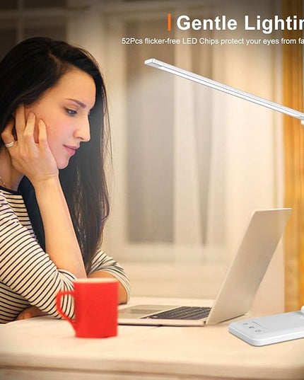 Linkstyle LED Desk Lamp, Table Light with USB Charging Port, Foldable Dimmable 5 Modes 10 Brightness Levels Touch Control Desk Light Auto Timer Eye Caring Book Reading Lamps for Home Office - LeafyLoom