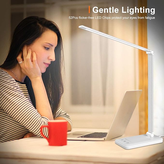 Linkstyle LED Desk Lamp, Table Light with USB Charging Port, Foldable Dimmable 5 Modes 10 Brightness Levels Touch Control Desk Light Auto Timer Eye Caring Book Reading Lamps for Home Office - LeafyLoom