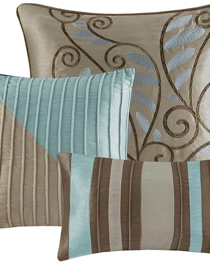 Madison Park Amherst Faux Silk Comforter Set-Casual Contemporary Design All Season Down Alternative Bedding, Matching Shams, Bedskirt, Decorative Pillows, King(104"x92"), Blue, 7 Piece (MP10-043) - LeafyLoom